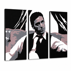 Ručne maľovaný POP Art obraz AL PACINO – 3D vizualizácia ručne maľovaného plátna na bielom pozadí. Dominantné farby: čierna, sivá, ružová, biela, hnedá.