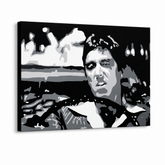 Ručne maľovaný POP Art obraz AL PACINO – 3D vizualizácia ručne maľovaného plátna na bielom pozadí. Dominantné farby: čierna, biela, sivá.