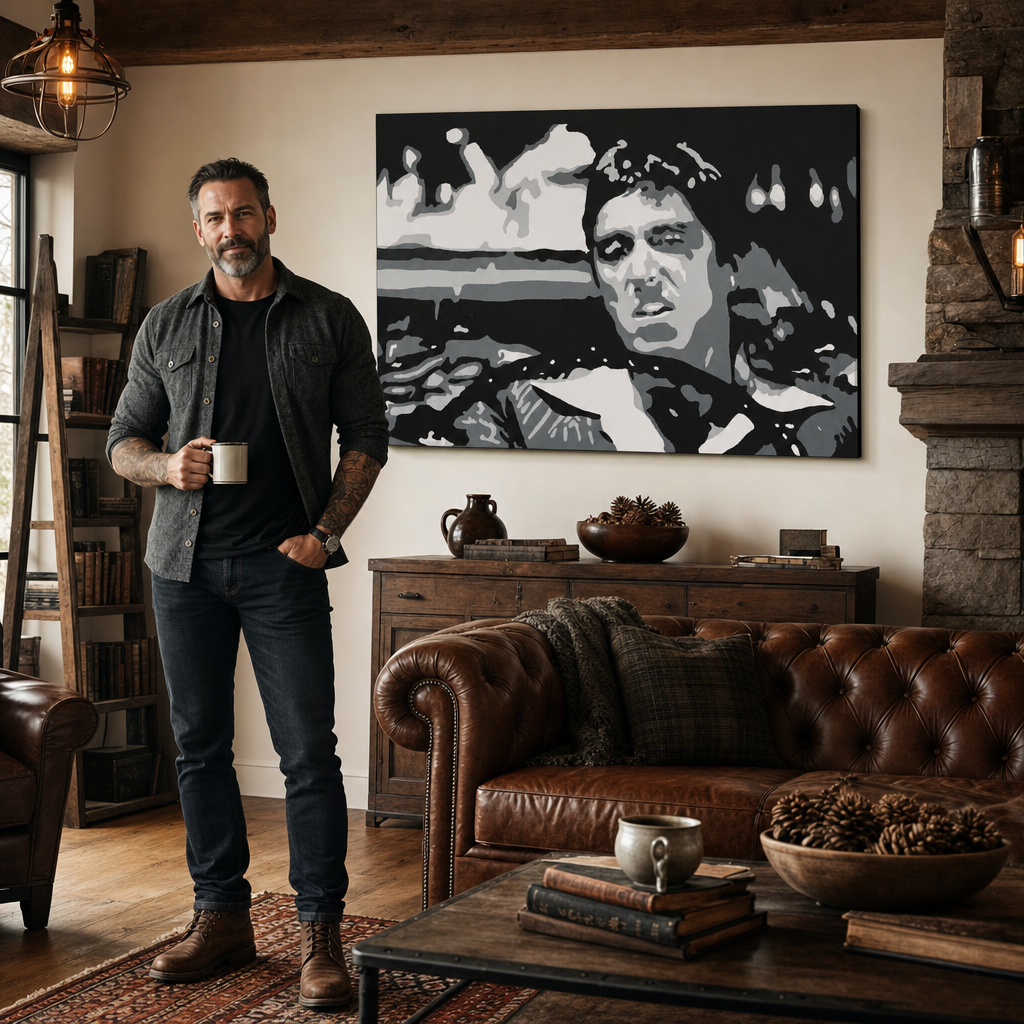 Ručne maľovaný POP Art obraz AL PACINO – obraz v modernom mužskom interiéri, lifestyle vizualizácia. Dominantné farby: čierna, biela, sivá.