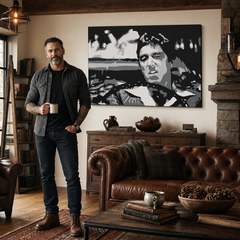 Ručne maľovaný POP Art obraz AL PACINO – obraz v modernom mužskom interiéri, lifestyle vizualizácia. Dominantné farby: čierna, biela, sivá.
