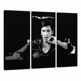 Ručne maľovaný POP Art obraz AL PACINO – 3D vizualizácia ručne maľovaného plátna na bielom pozadí. Dominantné farby: čierna, sivá, biela.