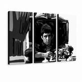 Ručne maľovaný POP Art obraz AL PACINO – 3D vizualizácia ručne maľovaného plátna na bielom pozadí. Dominantné farby: čierna, biela, sivá.