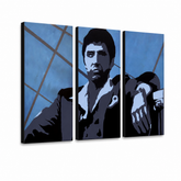 Ručne maľovaný POP Art obraz AL PACINO – 3D vizualizácia ručne maľovaného plátna na bielom pozadí. Dominantné farby: modrá, čierna, biela.
