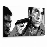 Ručne maľovaný POP Art obraz AL PACINO – 3D vizualizácia ručne maľovaného plátna na bielom pozadí. Dominantné farby: čierna, biela, sivá.