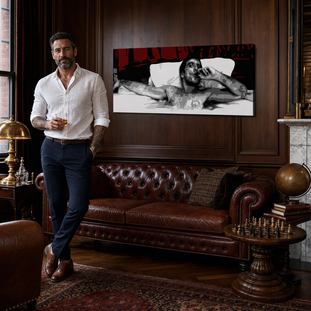 Ručne maľovaný POP Art obraz AL PACINO – obraz v modernom mužskom interiéri, lifestyle vizualizácia. Dominantné farby: čierna, červená, biela.