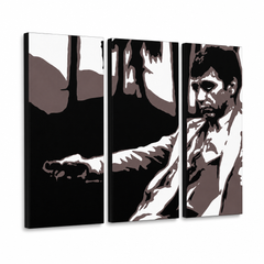 Ručne maľovaný POP Art obraz AL PACINO – 3D vizualizácia ručne maľovaného plátna na bielom pozadí. Dominantné farby: čierna, hnedá, biela, sivá.