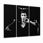 Ručne maľovaný POP Art obraz AL PACINO – 3D vizualizácia ručne maľovaného plátna na bielom pozadí. Dominantné farby: čierna, sivá, biela.