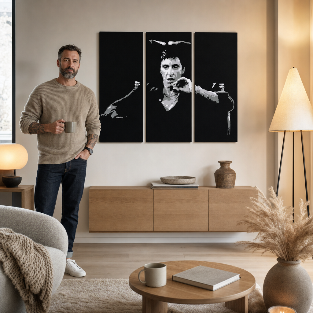 Ručne maľovaný POP Art obraz AL PACINO – obraz v modernom mužskom interiéri, lifestyle vizualizácia. Dominantné farby: čierna, sivá, biela.