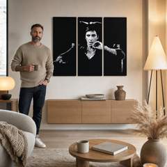 Ručne maľovaný POP Art obraz AL PACINO – obraz v modernom mužskom interiéri, lifestyle vizualizácia. Dominantné farby: čierna, sivá, biela.