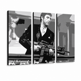 Ručne maľovaný POP Art obraz AL PACINO – 3D vizualizácia ručne maľovaného plátna na bielom pozadí. Dominantné farby: čierna, sivá, biela.