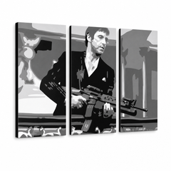 Ručne maľovaný POP Art obraz AL PACINO – 3D vizualizácia ručne maľovaného plátna na bielom pozadí. Dominantné farby: čierna, sivá, biela.