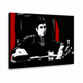 Ručne maľovaný POP Art obraz AL PACINO – 3D vizualizácia ručne maľovaného plátna na bielom pozadí. Dominantné farby: čierna, červená, šedá, biela.