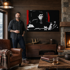 Ručne maľovaný POP Art obraz AL PACINO – obraz v modernom mužskom interiéri, lifestyle vizualizácia. Dominantné farby: čierna, červená, šedá, biela.