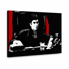 Ručne maľovaný POP Art obraz AL PACINO – 3D vizualizácia ručne maľovaného plátna na bielom pozadí. Dominantné farby: čierna, červená, šedá, biela.