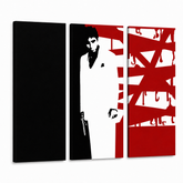 Ručne maľovaný POP Art obraz AL PACINO – 3D vizualizácia ručne maľovaného plátna na bielom pozadí. Dominantné farby: čierna, biela, červená.