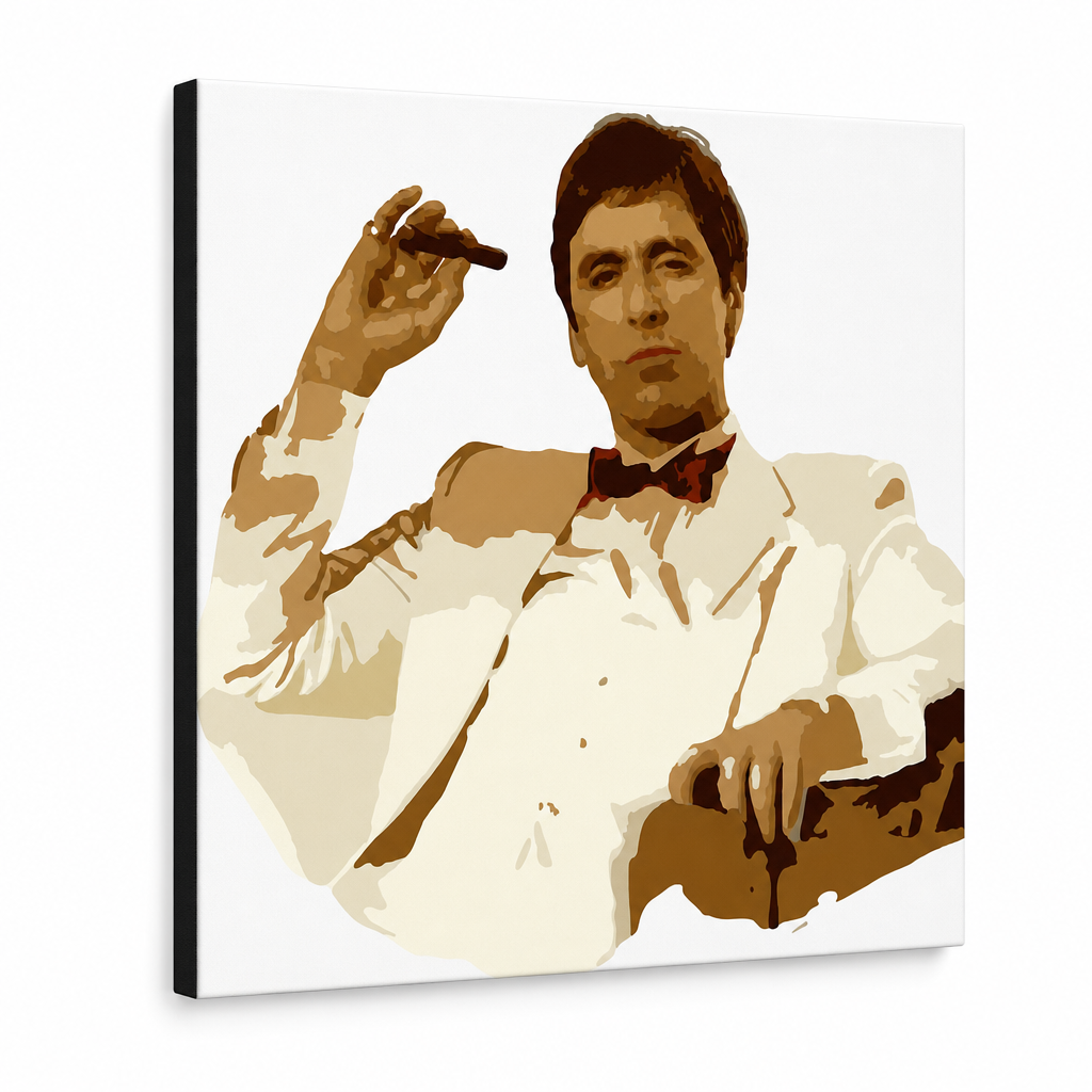 Ručne maľovaný POP Art obraz AL PACINO – 3D vizualizácia ručne maľovaného plátna na bielom pozadí. Dominantné farby: hnedá, biela, zlatá.
