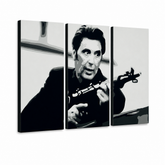 Ručne maľovaný POP Art obraz AL PACINO – 3D vizualizácia ručne maľovaného plátna na bielom pozadí. Dominantné farby: čierna, biela, sivá.