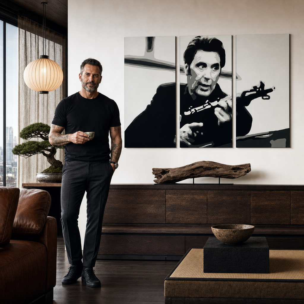 Ručne maľovaný POP Art obraz AL PACINO – obraz v modernom mužskom interiéri, lifestyle vizualizácia. Dominantné farby: čierna, biela, sivá.