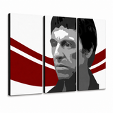 Ručne maľovaný POP Art obraz AL PACINO – 3D vizualizácia ručne maľovaného plátna na bielom pozadí. Dominantné farby: čierna, červená, biela.