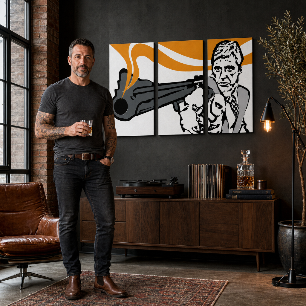 Ručne maľovaný POP Art obraz AL PACINO – obraz v modernom mužskom interiéri, lifestyle vizualizácia. Dominantné farby: čierna, oranžová, biela, sivá.