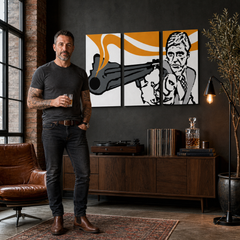 Ručne maľovaný POP Art obraz AL PACINO – obraz v modernom mužskom interiéri, lifestyle vizualizácia. Dominantné farby: čierna, oranžová, biela, sivá.