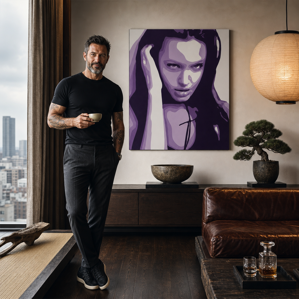 Ručne maľovaný POP Art obraz Angelina Jolie – obraz v modernom mužskom interiéri, lifestyle vizualizácia. Dominantné farby: fialová, čierna, biela.