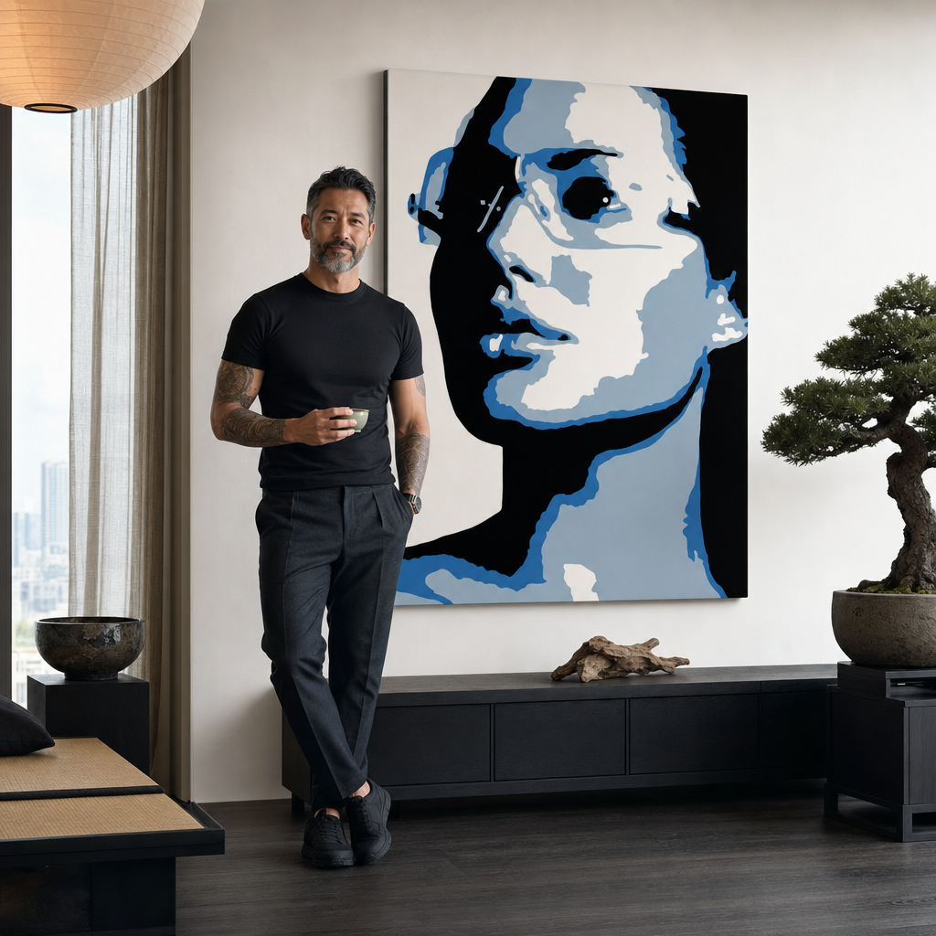 Ručne ma��ovaný POP Art obraz Angelina Jolie – obraz v modernom mužskom interiéri, lifestyle vizualizácia. Dominantné farby: modrá, sivá, čierna.