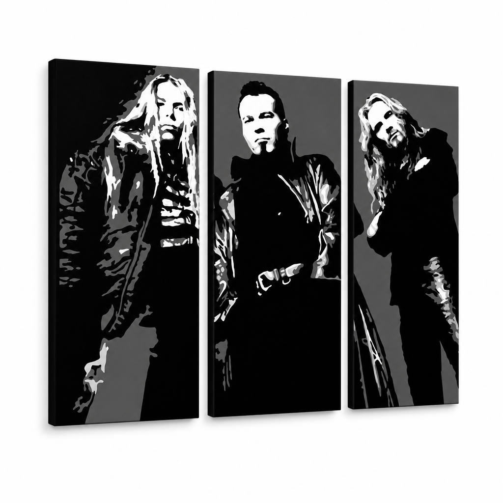 Ručne maľovaný POP Art obraz Apocalyptica – 3D vizualizácia ručne maľovaného plátna na bielom pozadí. Dominantné farby: čierna, biela, sivá.