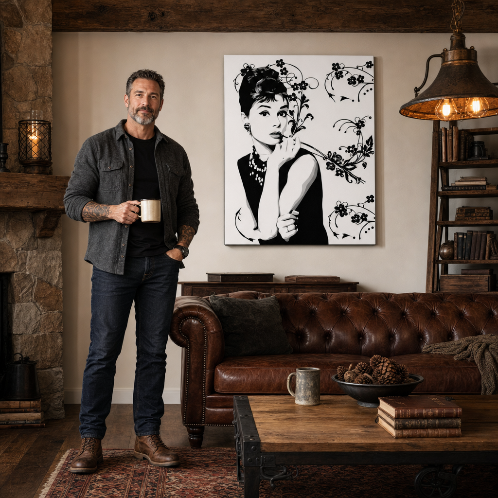 Ručne maľovaný POP Art obraz Audrey Hepburn – obraz v modernom mužskom interiéri, lifestyle vizualizácia. Dominantné farby: čierna, biela, šedá.