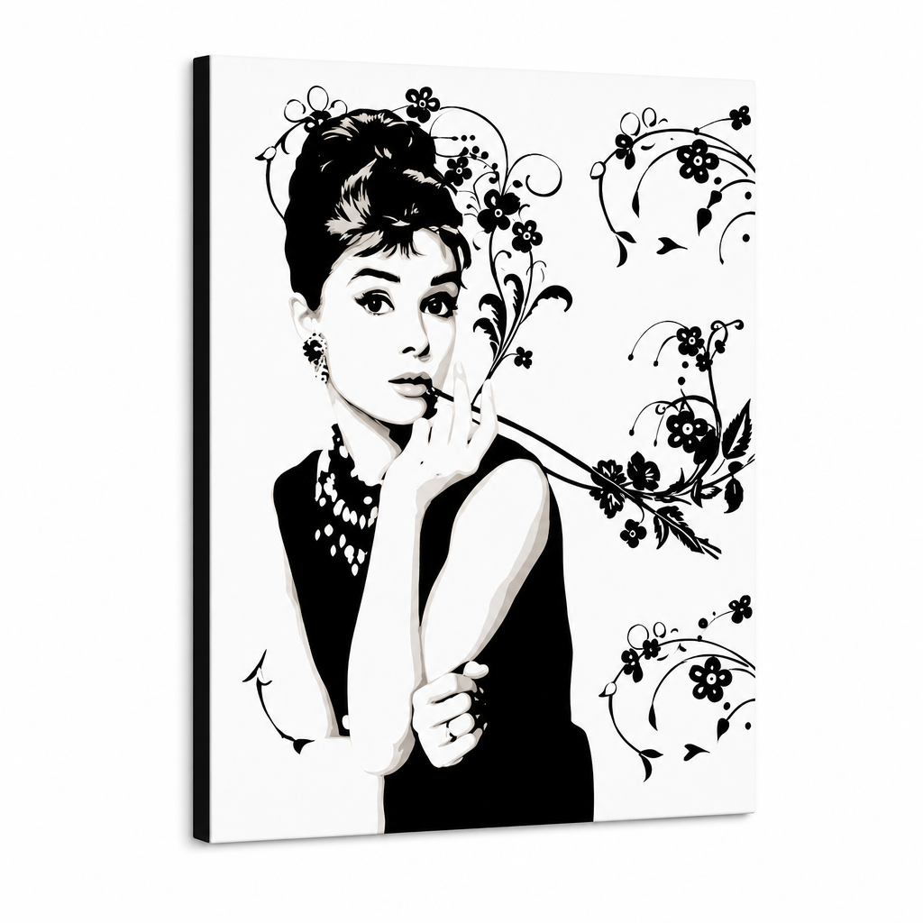 Ručne maľovaný POP Art obraz Audrey Hepburn – 3D vizualizácia ručne maľovaného plátna na bielom pozadí. Dominantné farby: čierna, šedá, ružová.