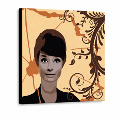 Ručne maľovaný POP Art obraz Audrey Hepburn – 3D vizualizácia ručne maľovaného plátna na bielom pozadí. Dominantné farby: hnedá, oranžová, čierna.