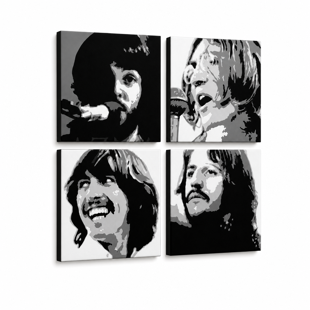 Ručne maľovaný POP Art obraz Beatles – 3D vizualizácia ručne maľovaného plátna na bielom pozadí. Dominantné farby: čierna, biela, šedá.