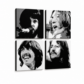Ručne maľovaný POP Art obraz Beatles – 3D vizualizácia ručne maľovaného plátna na bielom pozadí. Dominantné farby: čierna, biela, šedá.