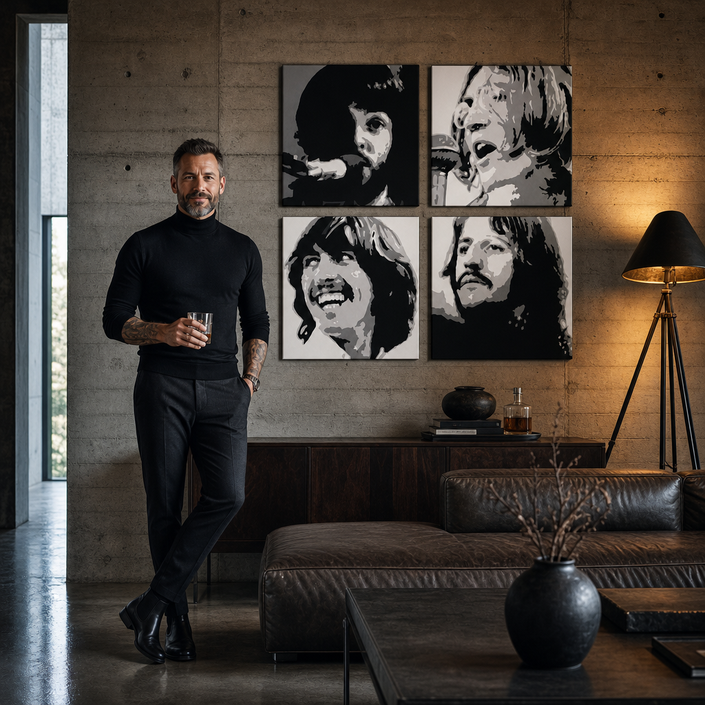 Ručne maľovaný POP Art obraz Beatles – obraz v modernom mužskom interiéri, lifestyle vizualizácia. Dominantné farby: čierna, biela, šedá.