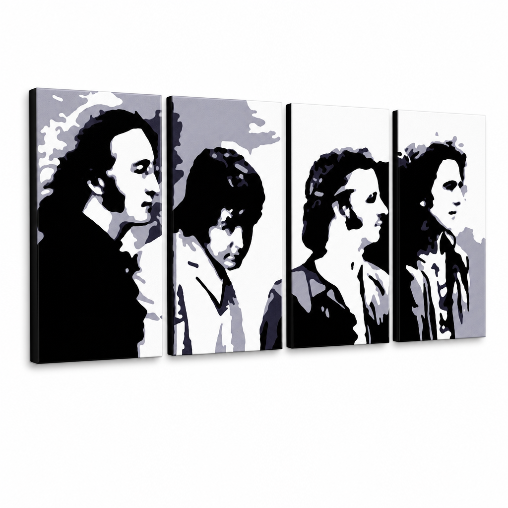 Ručne maľovaný POP Art obraz Beatles – 3D vizualizácia ručne maľovaného plátna na bielom pozadí. Dominantné farby: čierna, sivá, biela, zlatá.