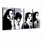 Ručne maľovaný POP Art obraz Beatles – 3D vizualizácia ručne maľovaného plátna na bielom pozadí. Dominantné farby: čierna, sivá, biela, zlatá.