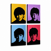 Ručne maľovaný POP Art obraz Beatles – 3D vizualizácia ručne maľovaného plátna na bielom pozadí. Dominantné farby: žltá, fialová, modrá, červená, čierna.