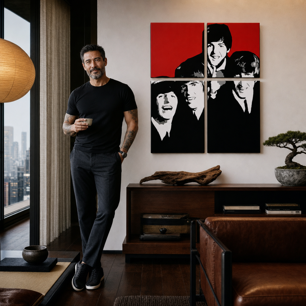 Ručne maľovaný POP Art obraz Beatles – obraz v modernom mužskom interiéri, lifestyle vizualizácia. Dominantné farby: červená, čierna, biela, sivá.