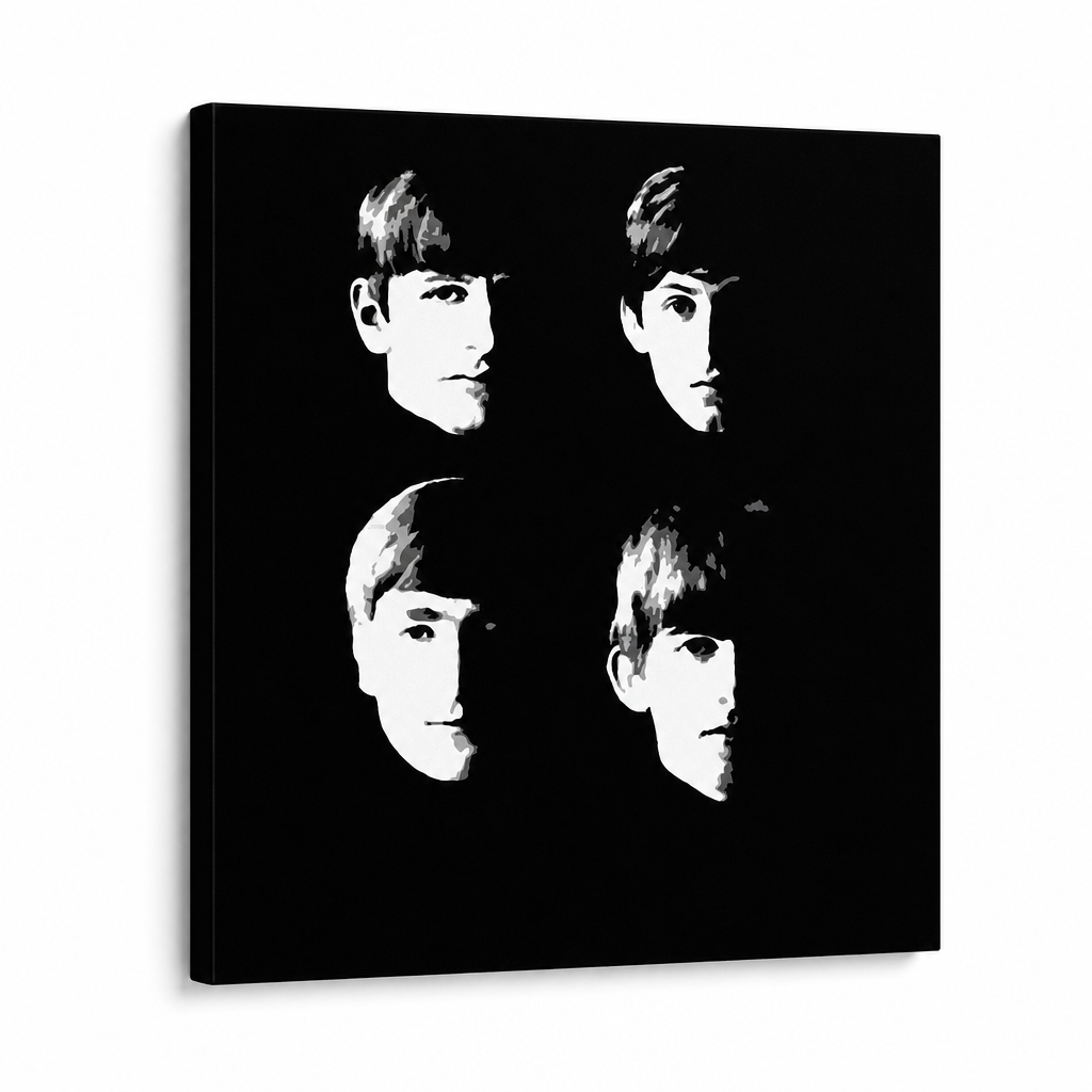 Ručne maľovaný POP Art obraz Beatles – 3D vizualizácia ručne maľovaného plátna na bielom pozadí. Dominantné farby: čierna, biela.