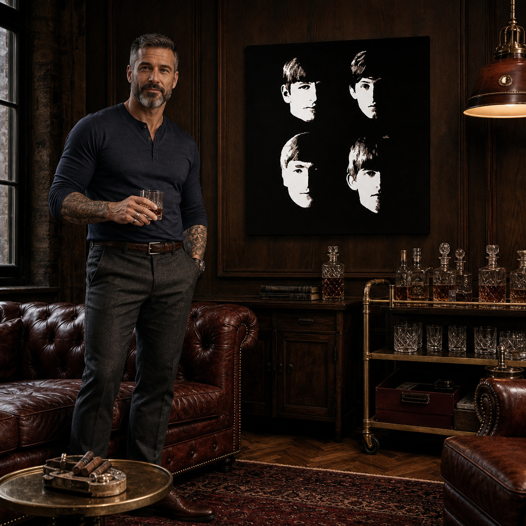 Ručne maľovaný POP Art obraz Beatles – obraz v modernom mužskom interiéri, lifestyle vizualizácia. Dominantné farby: čierna, béžová, hnedá.