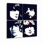 Ručne maľovaný POP Art obraz Beatles – 3D vizualizácia ručne maľovaného plátna na bielom pozadí. Dominantné farby: čierna, modrá, červená, béžová.