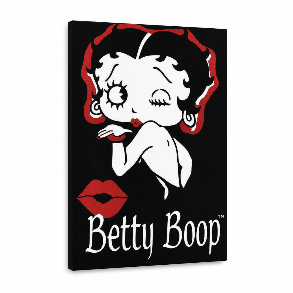Ručne maľovaný POP Art obraz Betty Boop – 3D vizualizácia ručne maľovaného plátna na bielom pozadí. Dominantné farby: čierna, červená, biela.