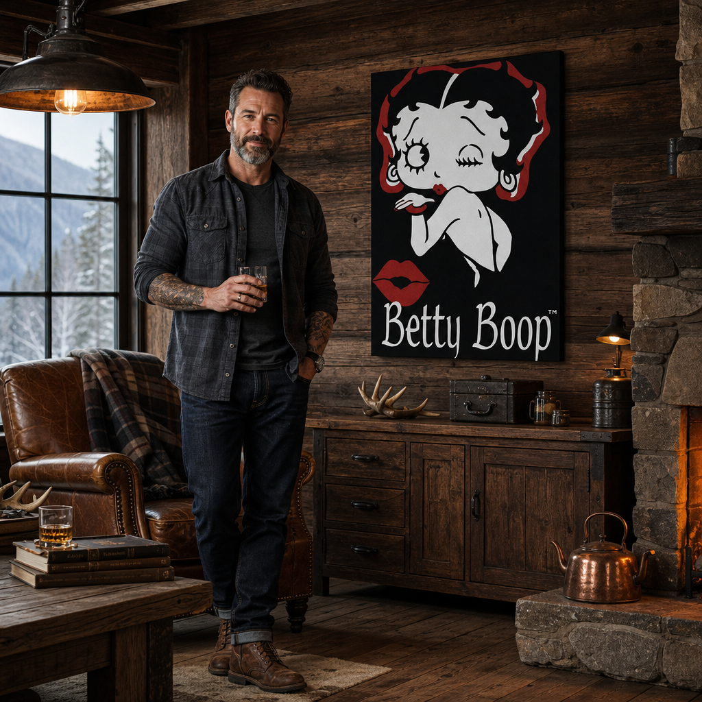 Ručne maľovaný POP Art obraz Betty Boop – obraz v modernom mužskom interiéri, lifestyle vizualizácia. Dominantné farby: čierna, červená, biela.