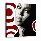 Ručne maľovaný POP Art obraz BEYONCÉ – 3D vizualizácia ručne maľovaného plátna na bielom pozadí. Dominantné farby: čierna, červená, hnedá, biela, šedá.
