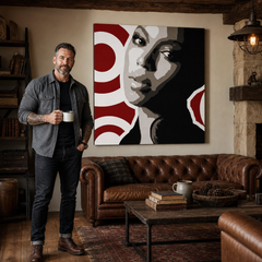Ručne maľovaný POP Art obraz BEYONCÉ – obraz v modernom mužskom interiéri, lifestyle vizualizácia. Dominantné farby: čierna, červená, hnedá, biela, šedá.