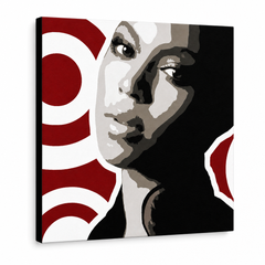 Ručne maľovaný POP Art obraz BEYONCÉ – 3D vizualizácia ručne maľovaného plátna na bielom pozadí. Dominantné farby: čierna, červená, hnedá, biela, šedá.