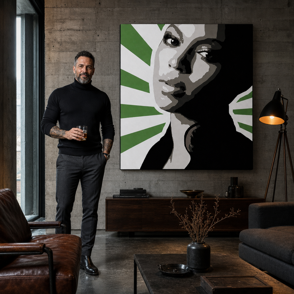 Ručne maľovaný POP Art obraz BEYONCÉ – obraz v modernom mužskom interiéri, lifestyle vizualizácia. Dominantné farby: zelená, čierna, sivá, biela, ružová.