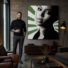 Ručne maľovaný POP Art obraz BEYONCÉ – obraz v modernom mužskom interiéri, lifestyle vizualizácia. Dominantné farby: zelená, čierna, sivá, biela, ružová.