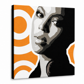 Ručne maľovaný POP Art obraz BEYONCÉ – 3D vizualizácia ručne maľovaného plátna na bielom pozadí. Dominantné farby: čierna, oranžová, biela, sivá.