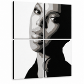 Ručne maľovaný POP Art obraz BEYONCÉ – 3D vizualizácia ručne maľovaného plátna na bielom pozadí. Dominantné farby: čierna, biela, sivá.